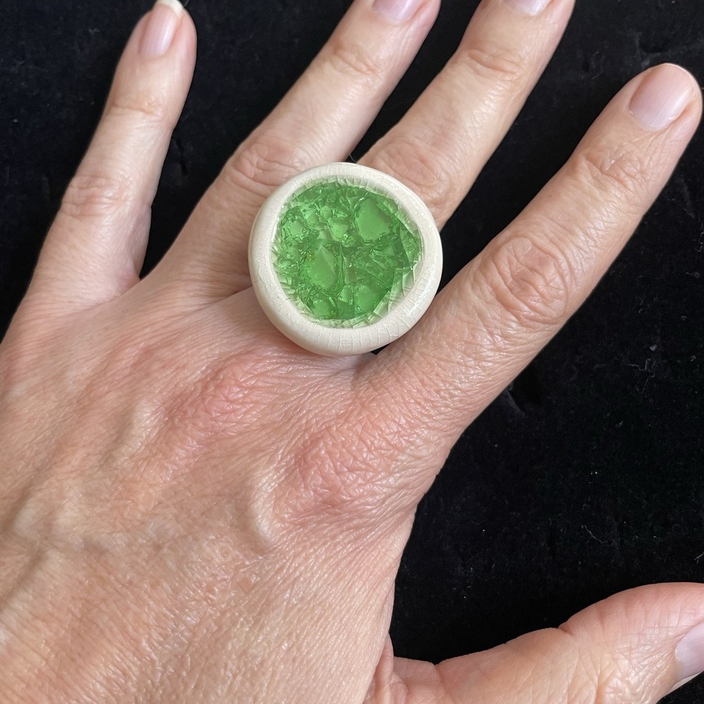 Green + White Round Handmade Artisan Ceramic Glass Ring Adjustable Oversized